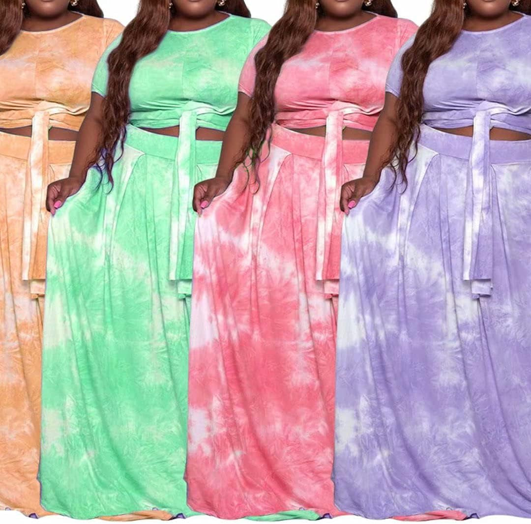 Womens plus Size 2 Piece Outfits Short Sleeve Solid Color Bandage Wrap Crop Tops and Skirt Sets 714 Green Xx-Large