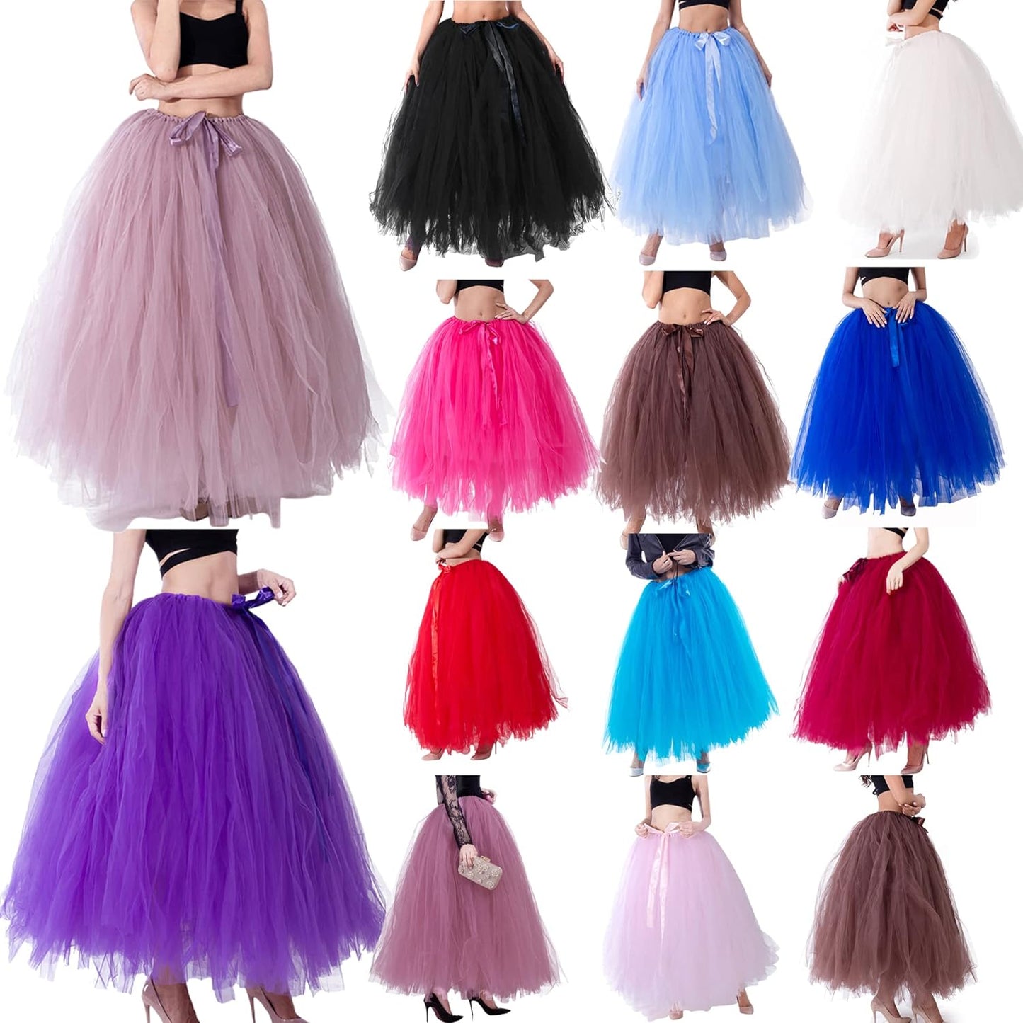 Women Floor Length Tulle Tutu Long Skirts High Tie Waist A-Line Fluffy Puff Maxi Half Dress Wedding Party Evening Dress