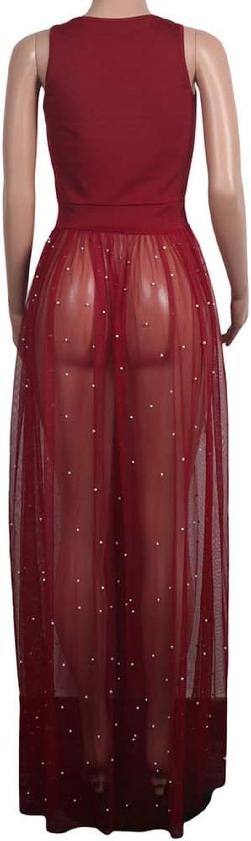 Womens Sleeveless Tank Top with Beadings Mesh See through Bodycon Long Maxi Dress Bodysuit Party Clubwear Red XL