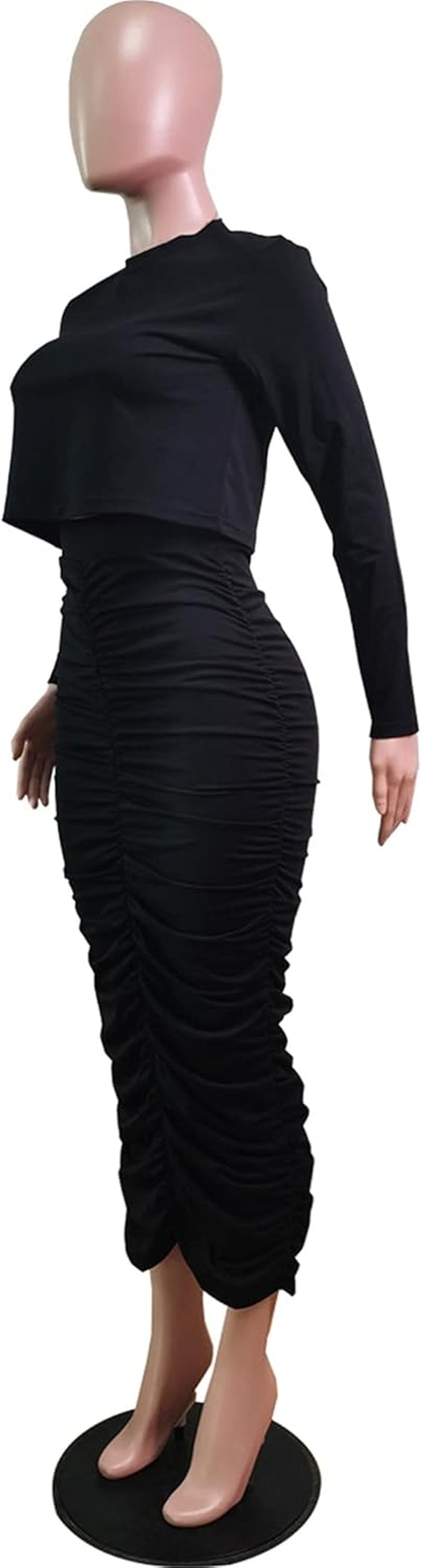 Womens Skirt Sets 2 Piece Outfits Sexy Bodycon Ruched Maxi Dress & Long Sleeve Crop Tops Club Dresses Cocktail Party Outfits,Black#1,L