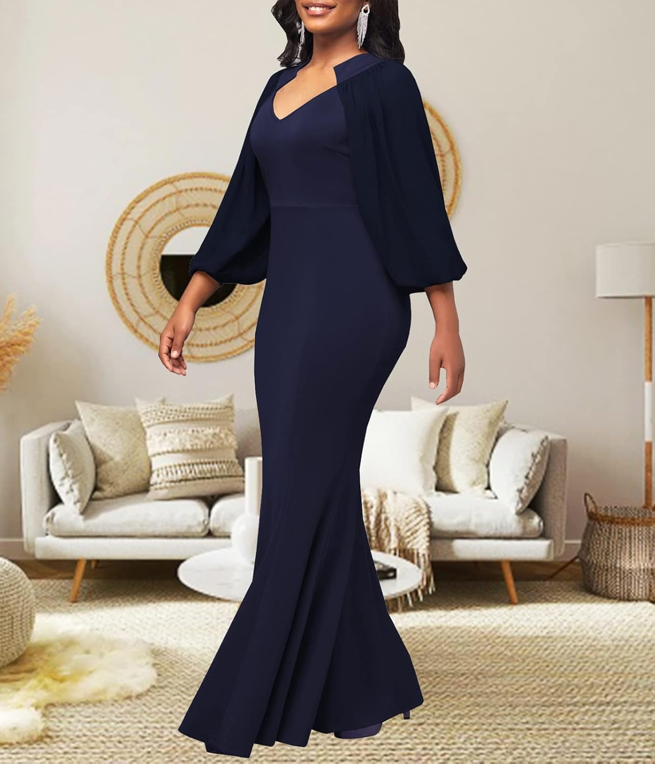 Colorful Maxi Dresses for Women Sexy Long Sleeve Deep V Neck Bodycon Floor Length Dress