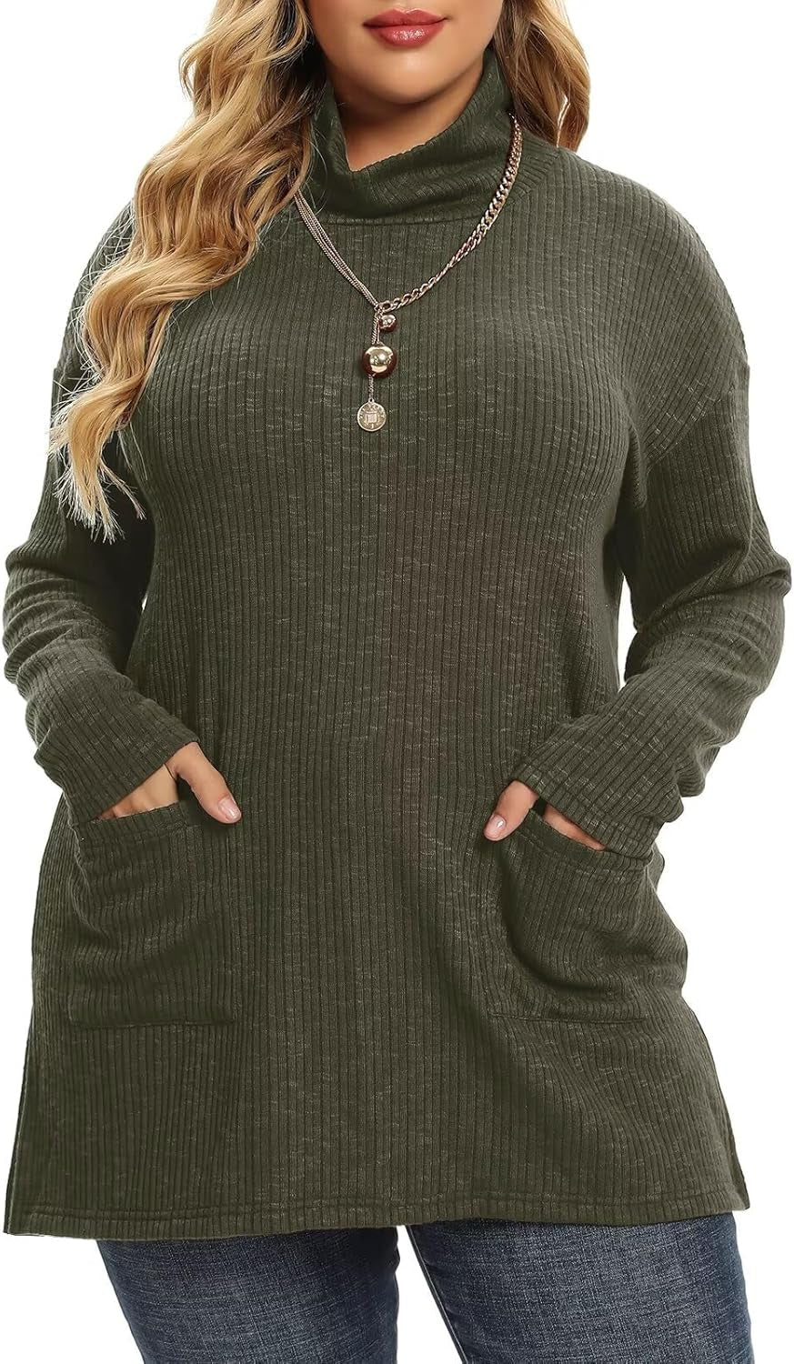 plus Size Sweater for Women, Women'S Pullover Turtleneck Long Sleeve Knit Sweater Shirts with Pockets for Fall Winter