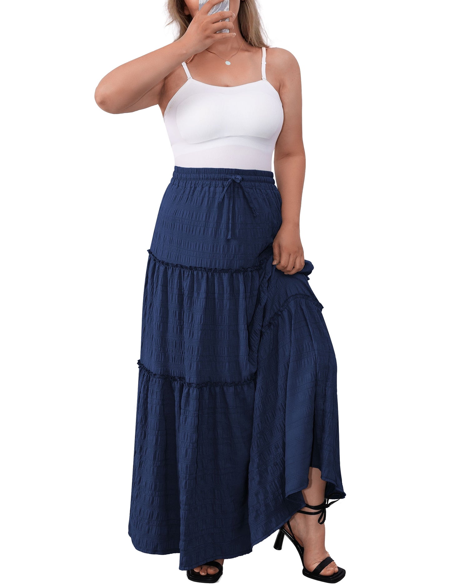 Women plus Size Skirts Elastic High Waist a Line Ruffle Swing Beach Maxi Skirt Long Skirt Tiered Skirt L-4X