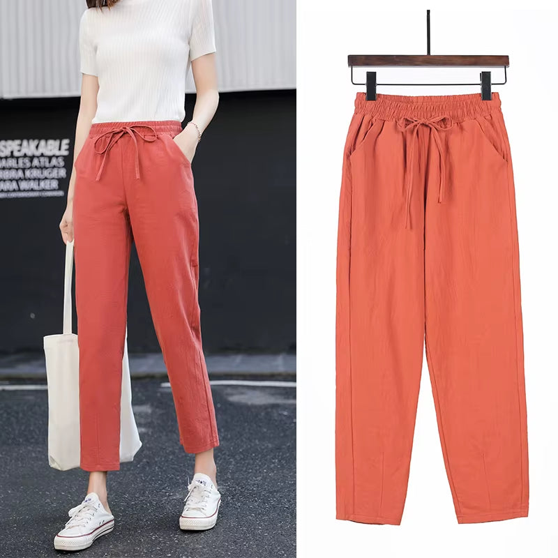 Womens Spring Summer Pants Cotton Linen Solid Elastic Waist Candy Colors Harem Trousers Casual Female Pants
