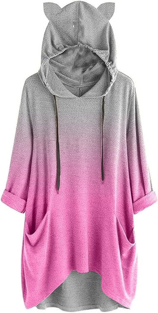 Women'S Gradient Color Cat Ear Sweatshirt Fashion plus Size Drawstring with Pocket Hoodie Pullover Top for Daily Date(Pink,Small)