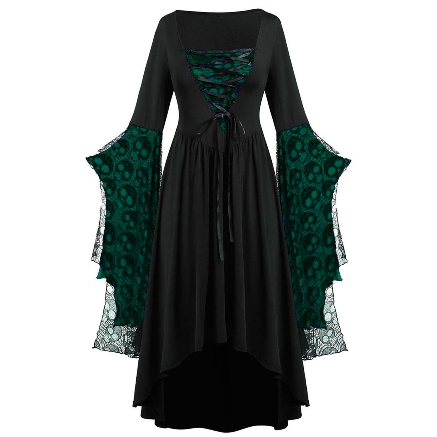 Womens Gothic Dress plus Size Flare Sleeve Dress Skull Lace Print Steampunk Dresses Cocktail Dresses Flowy Goth Corset Dress Maxi Wedding Guest Dresses Holi