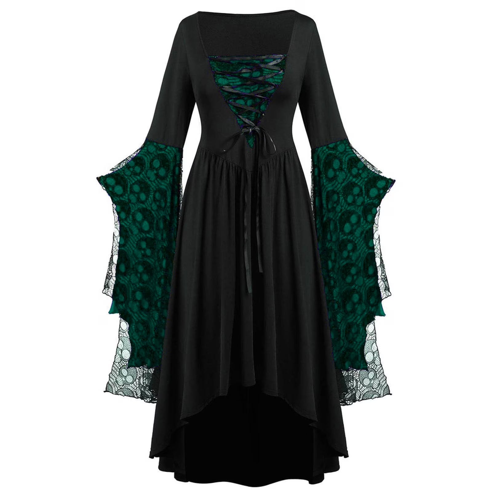 Womens Gothic Dress plus Size Flare Sleeve Dress Skull Lace Print Steampunk Dresses Cocktail Dresses Flowy Goth Corset Dress Maxi Wedding Guest Dresses Holi