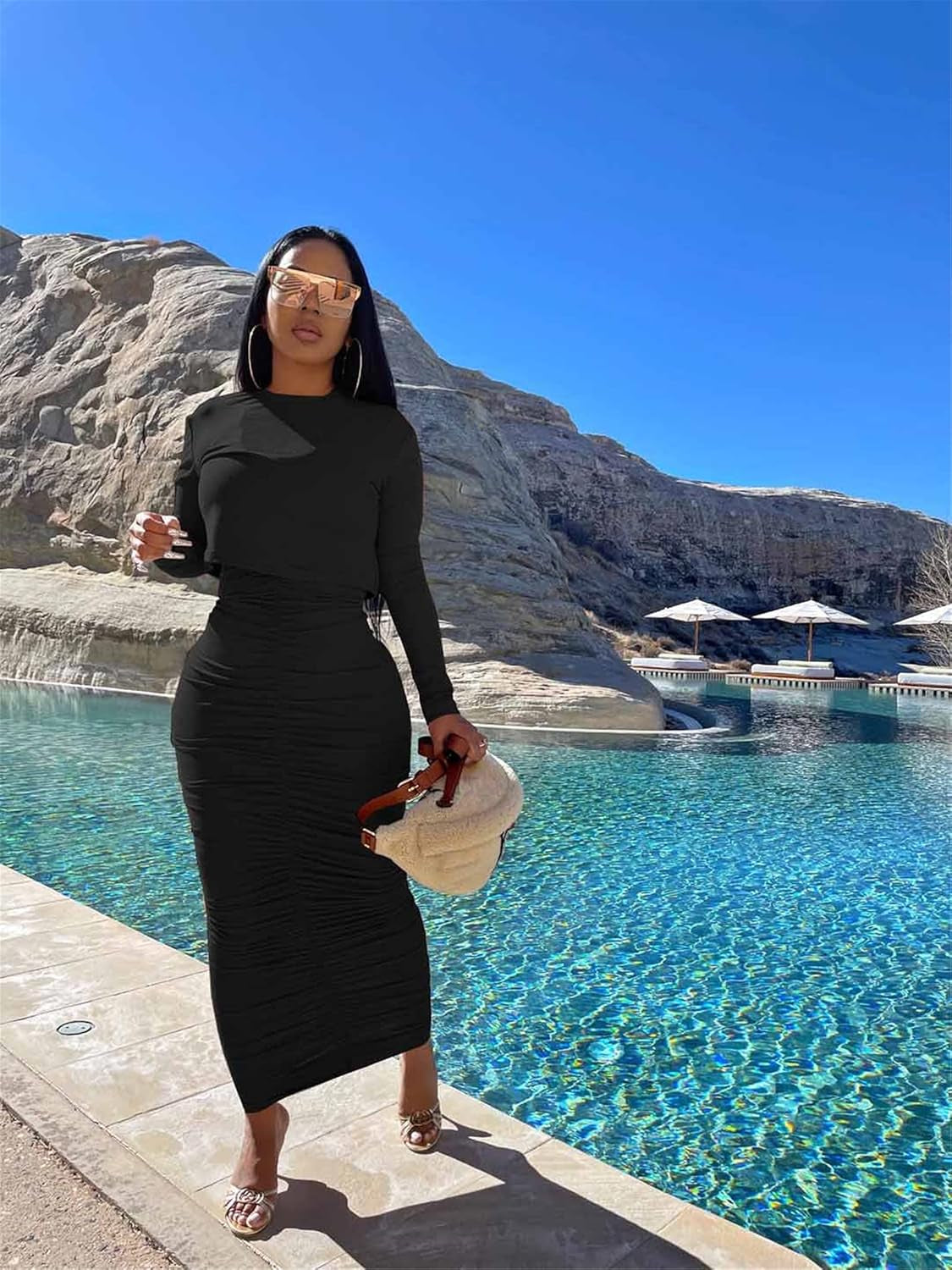 Womens Skirt Sets 2 Piece Outfits Sexy Bodycon Ruched Maxi Dress & Long Sleeve Crop Tops Club Dresses Cocktail Party Outfits,Black#1,L