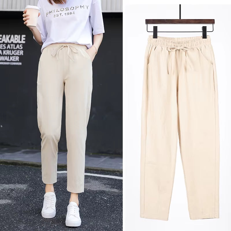 Womens Spring Summer Pants Cotton Linen Solid Elastic Waist Candy Colors Harem Trousers Casual Female Pants