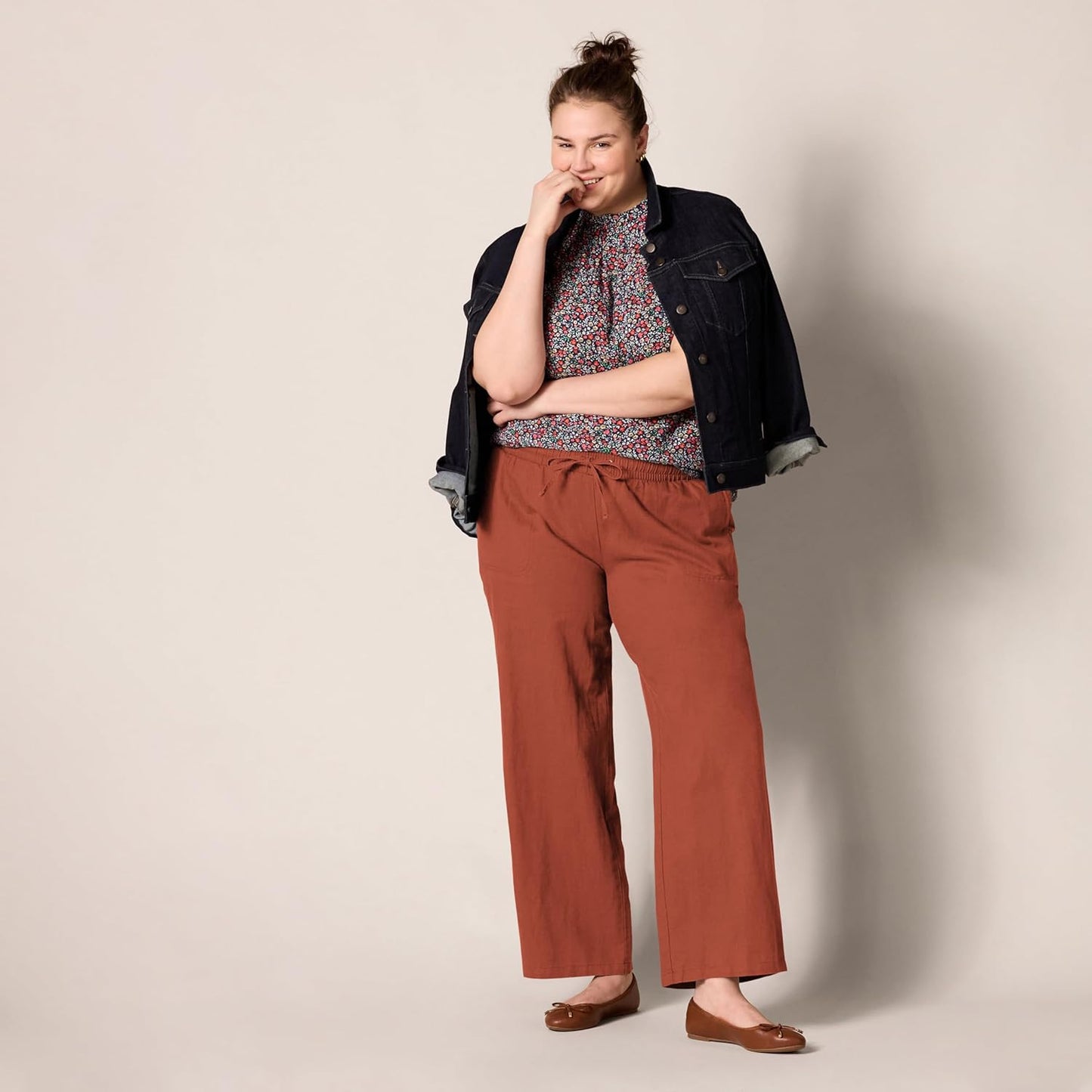 Women'S Linen Blend Drawstring Relaxed Fit Wide Leg Pant (Available in plus Size)