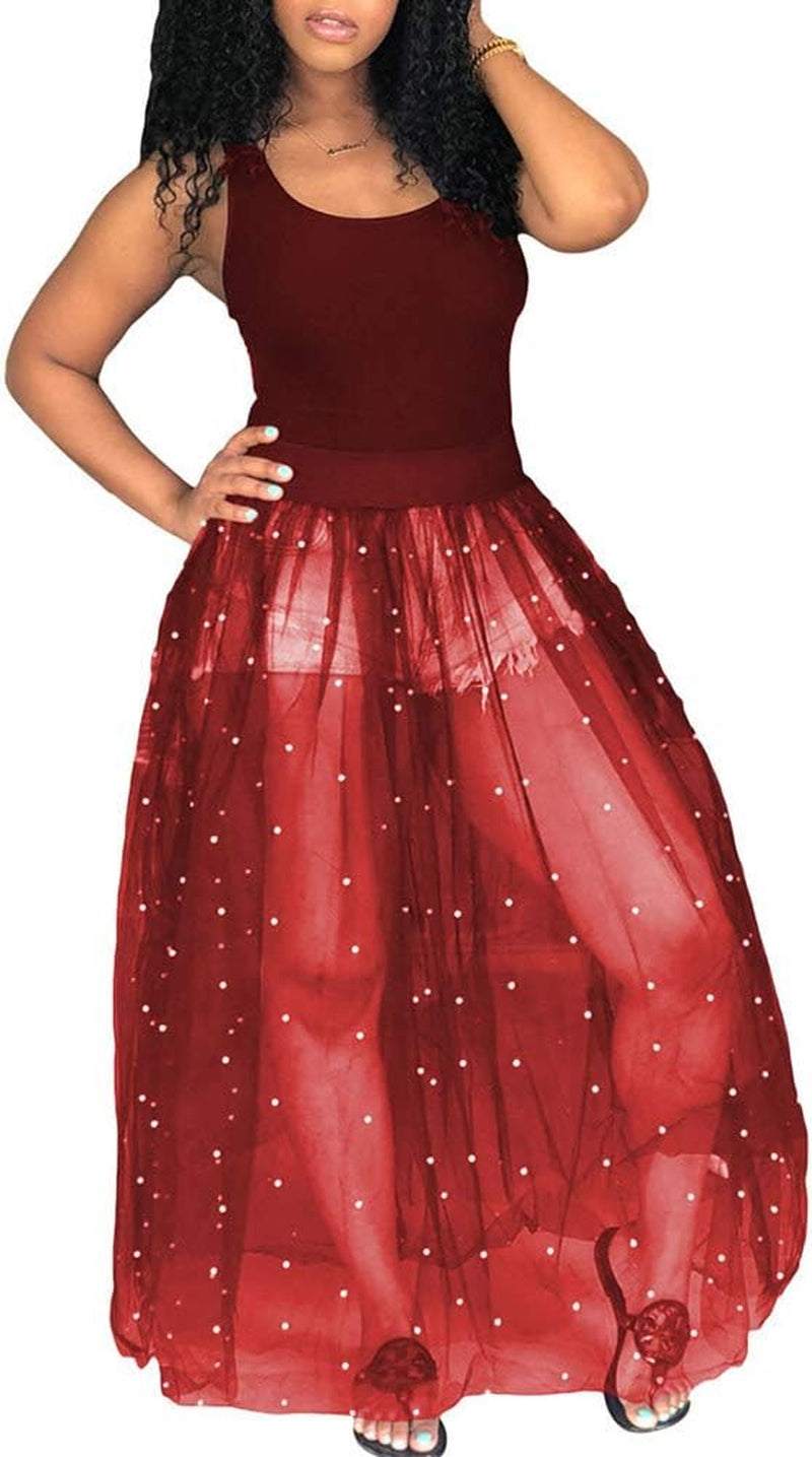 Womens Sleeveless Tank Top with Beadings Mesh See through Bodycon Long Maxi Dress Bodysuit Party Clubwear Red XL