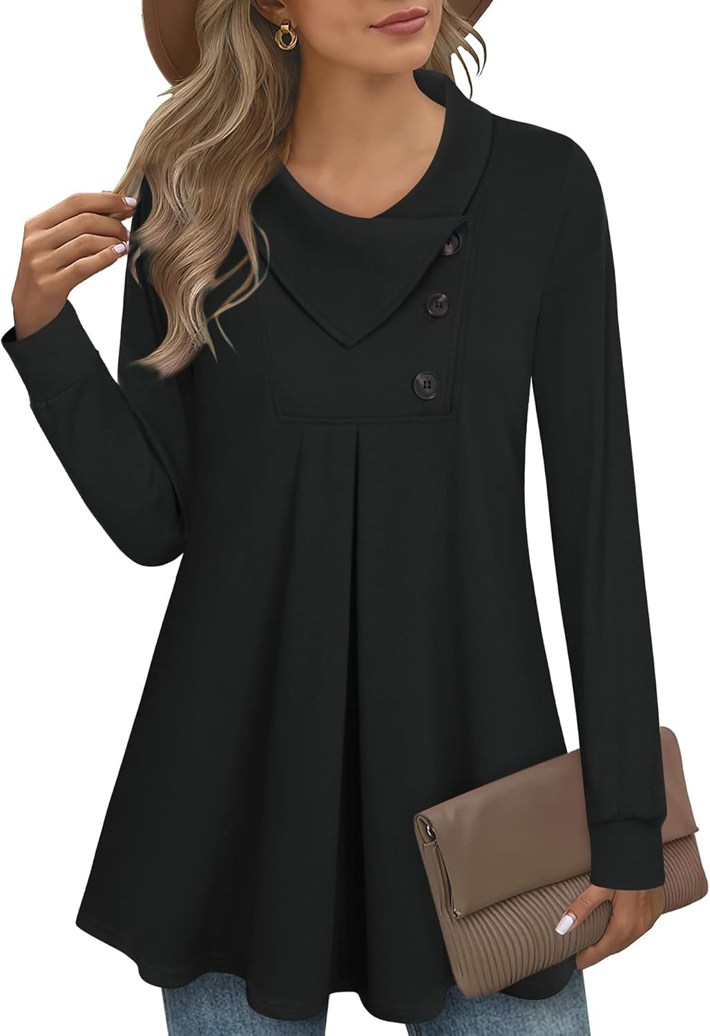 Women'S Long Sleeve Button Lapel Pullover Tunic Swing Sweatshirt