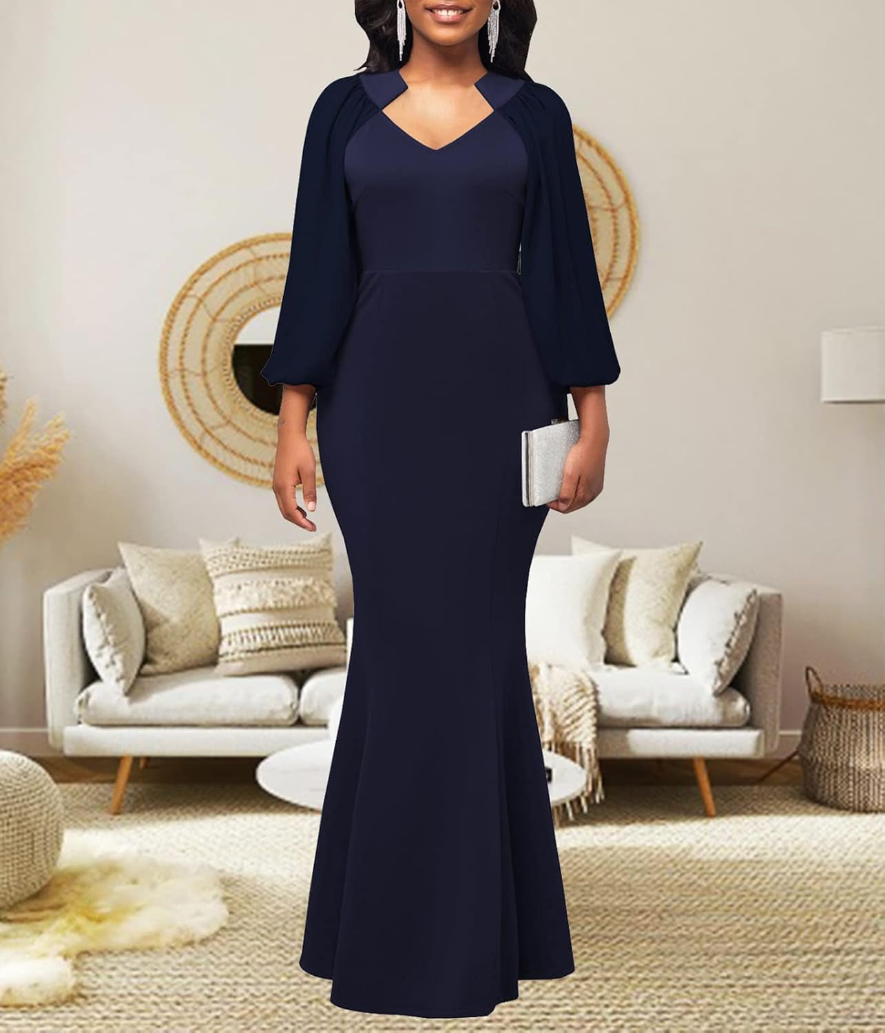 Colorful Maxi Dresses for Women Sexy Long Sleeve Deep V Neck Bodycon Floor Length Dress