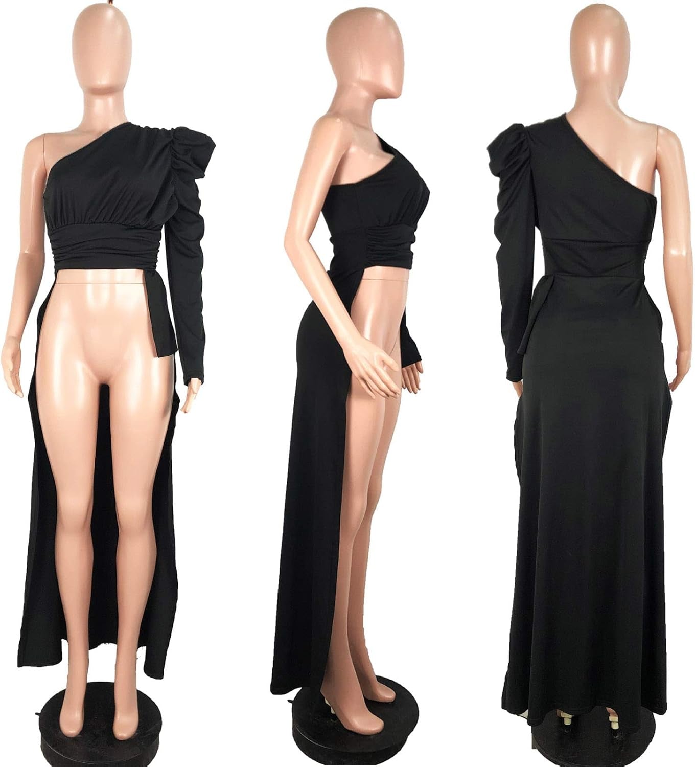 Women Sexy One Shoulder Long Puff Sleeve Bodycon High Low Asymmetrical Irregular Maxi Blouse Top Shirt Dress Black M