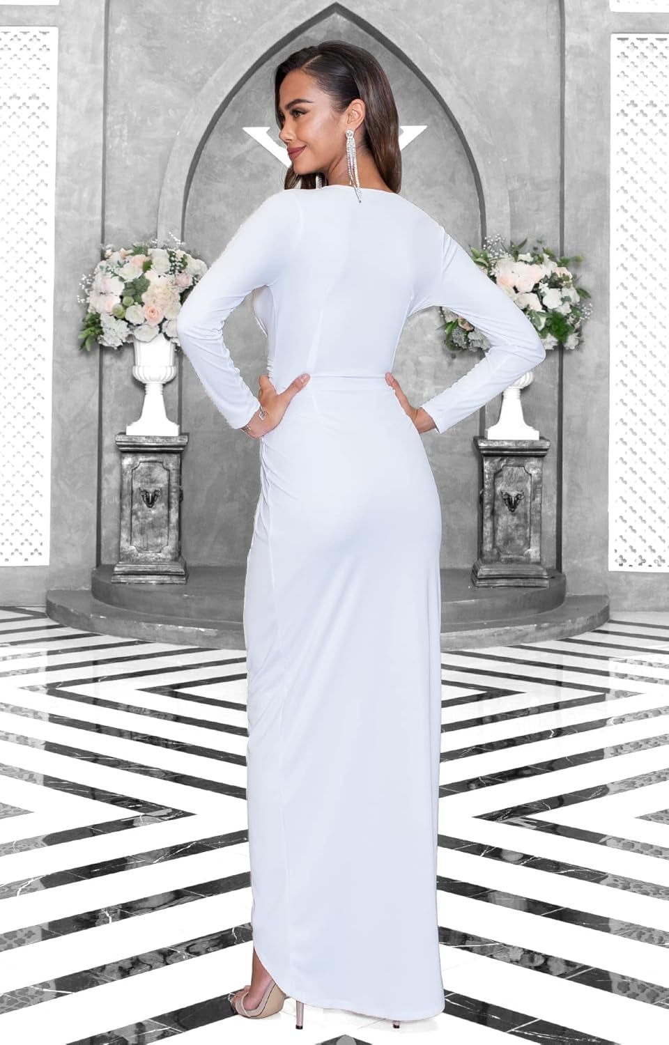 Womens 2025 Long Sleeve Formal Wrap Draped Cocktail V-Neck Gown Maxi Dress