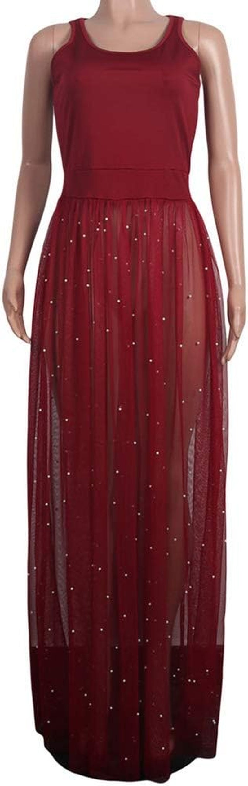 Women Strap Tunic Bodycon Bodysuits Mesh Sheer Flowy Swing Maxi Dress Small Red-M