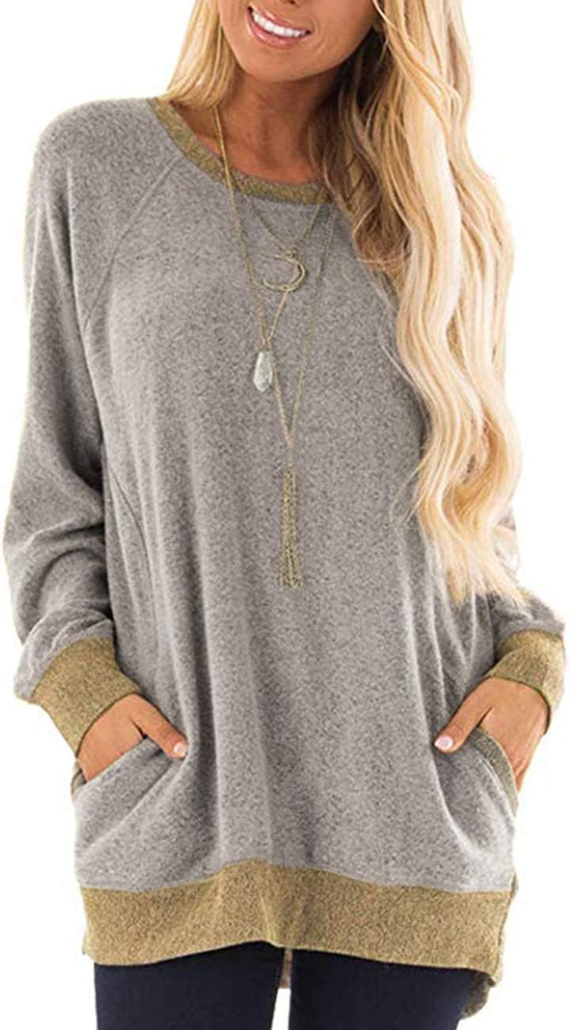 Womens Long Sleeve Tunic Tops Casual Loose Fit Sweatshirts round Neck Pullover Blouse Sweatshirts with Pocket