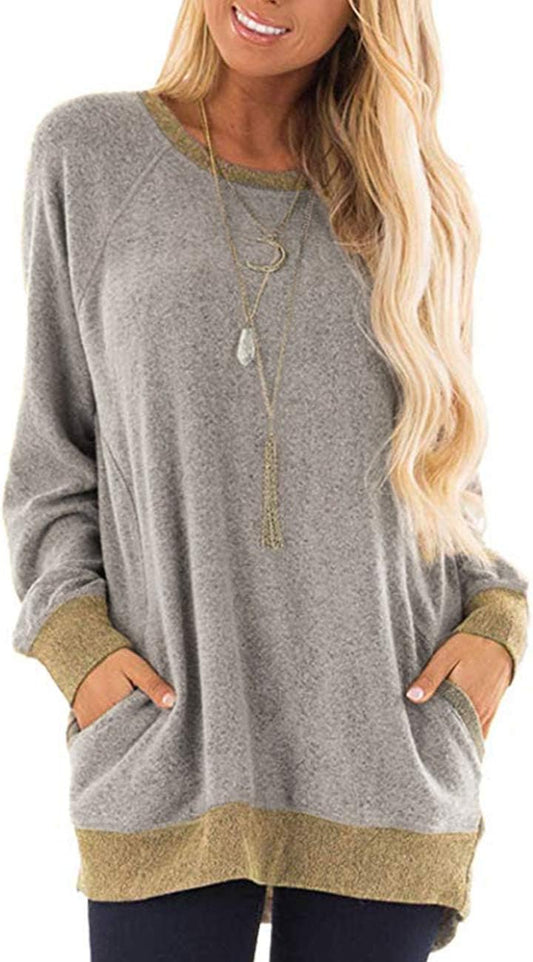 Womens Long Sleeve Tunic Tops Casual Loose Fit Sweatshirts round Neck Pullover Blouse Sweatshirts with Pocket