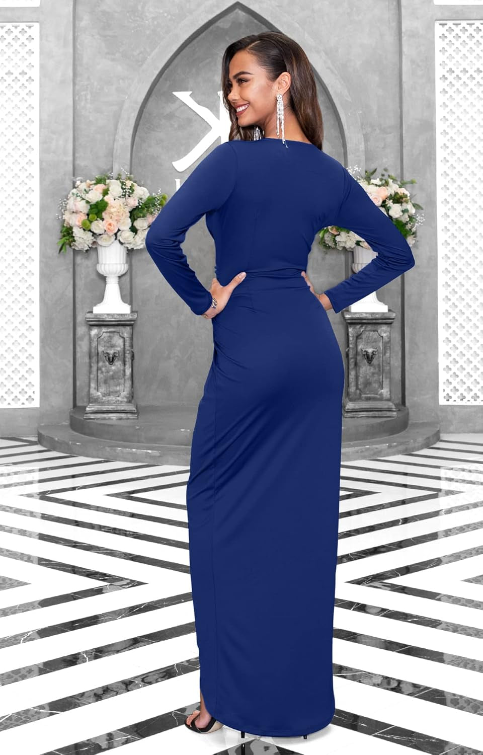 Womens 2025 Long Sleeve Formal Wrap Draped Cocktail V-Neck Gown Maxi Dress