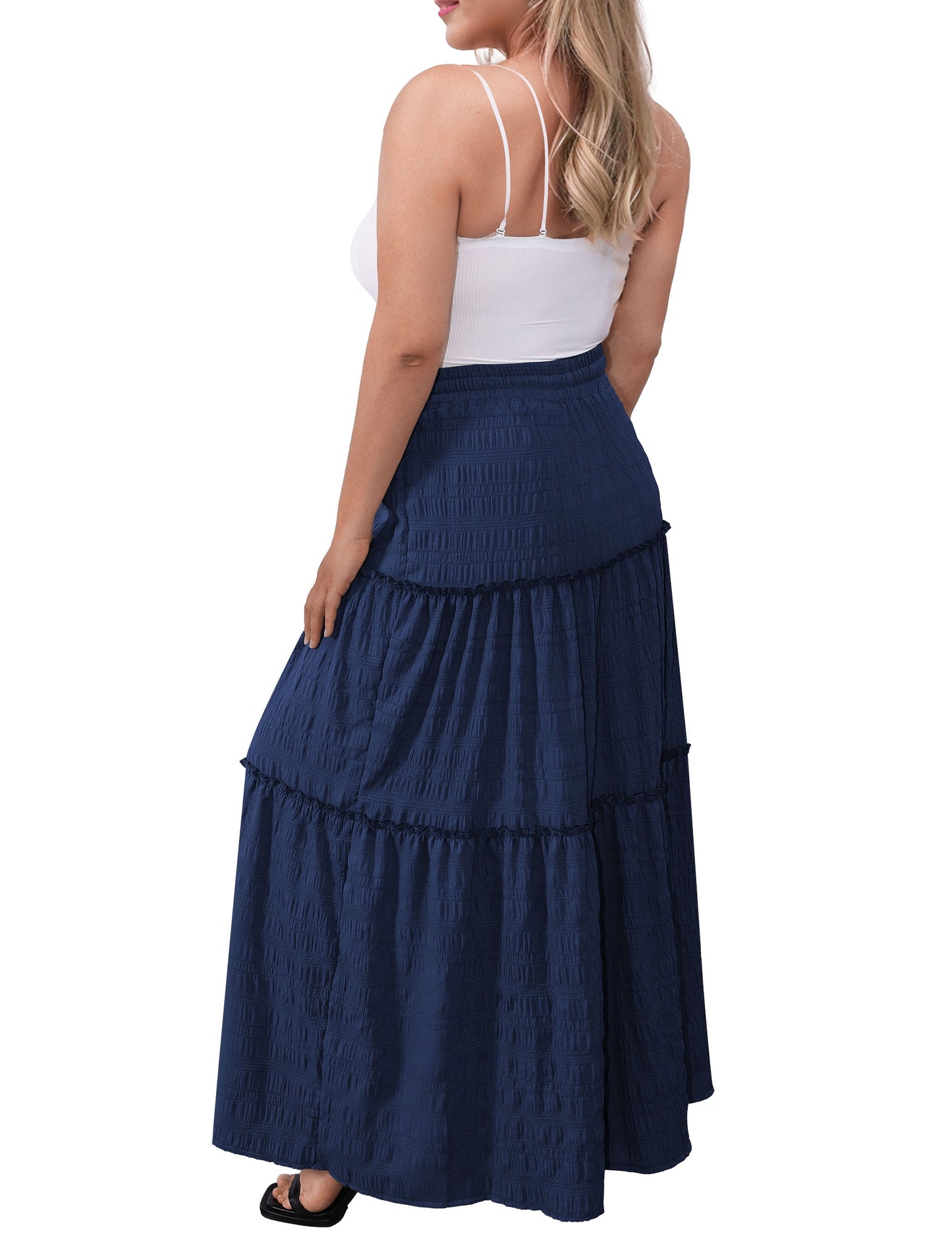 Women plus Size Skirts Elastic High Waist a Line Ruffle Swing Beach Maxi Skirt Long Skirt Tiered Skirt L-4X