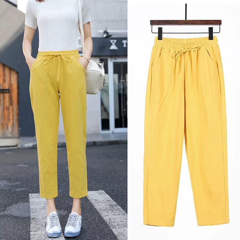 Womens Spring Summer Pants Cotton Linen Solid Elastic Waist Candy Colors Harem Trousers Casual Female Pants