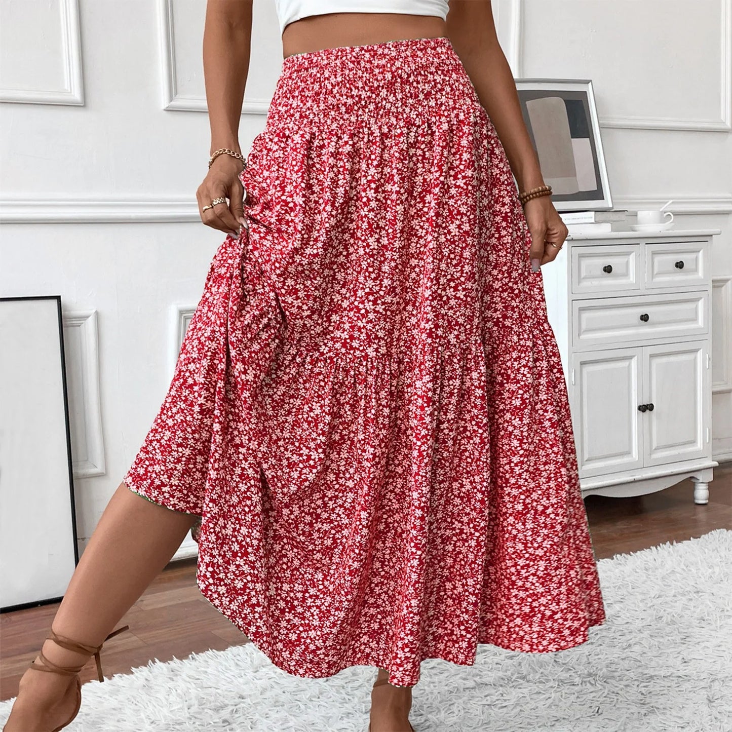 Women Floral Maxi Skirt Smocked High Waist Cotton Flowy Long Skirts Summer Boho Beach Hawaiian Vacation a Line Skirt Red S