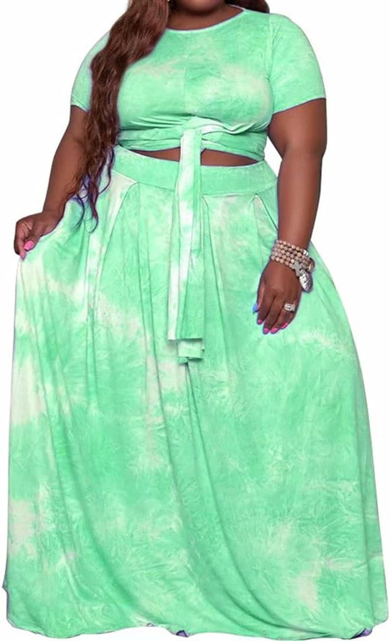 Womens plus Size 2 Piece Outfits Short Sleeve Solid Color Bandage Wrap Crop Tops and Skirt Sets 714 Green Xx-Large