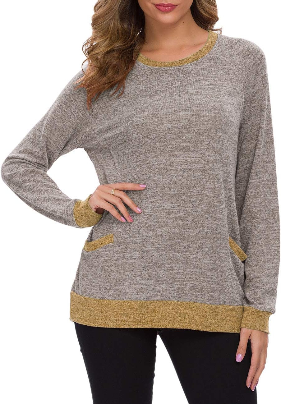 Womens Long Sleeve Tunic Tops Casual Loose Fit Sweatshirts round Neck Pullover Blouse Sweatshirts with Pocket