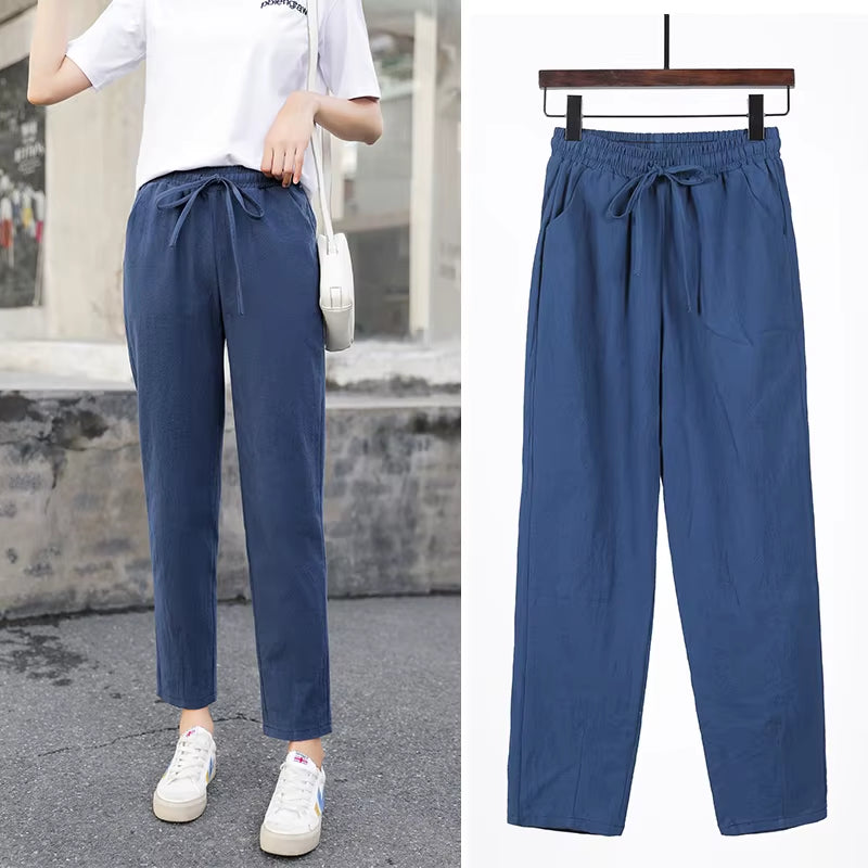 Womens Spring Summer Pants Cotton Linen Solid Elastic Waist Candy Colors Harem Trousers Casual Female Pants