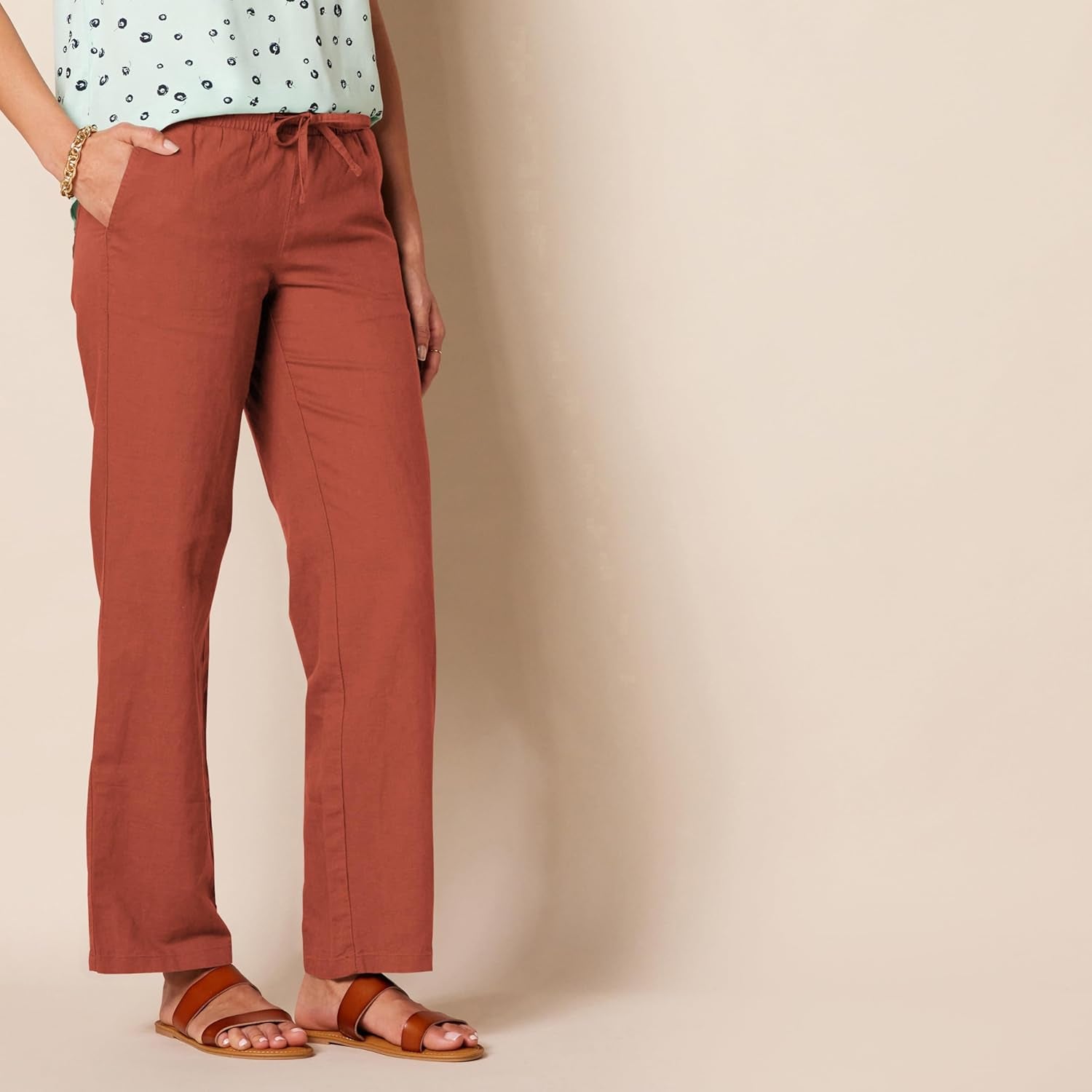 Women'S Linen Blend Drawstring Relaxed Fit Wide Leg Pant (Available in plus Size)