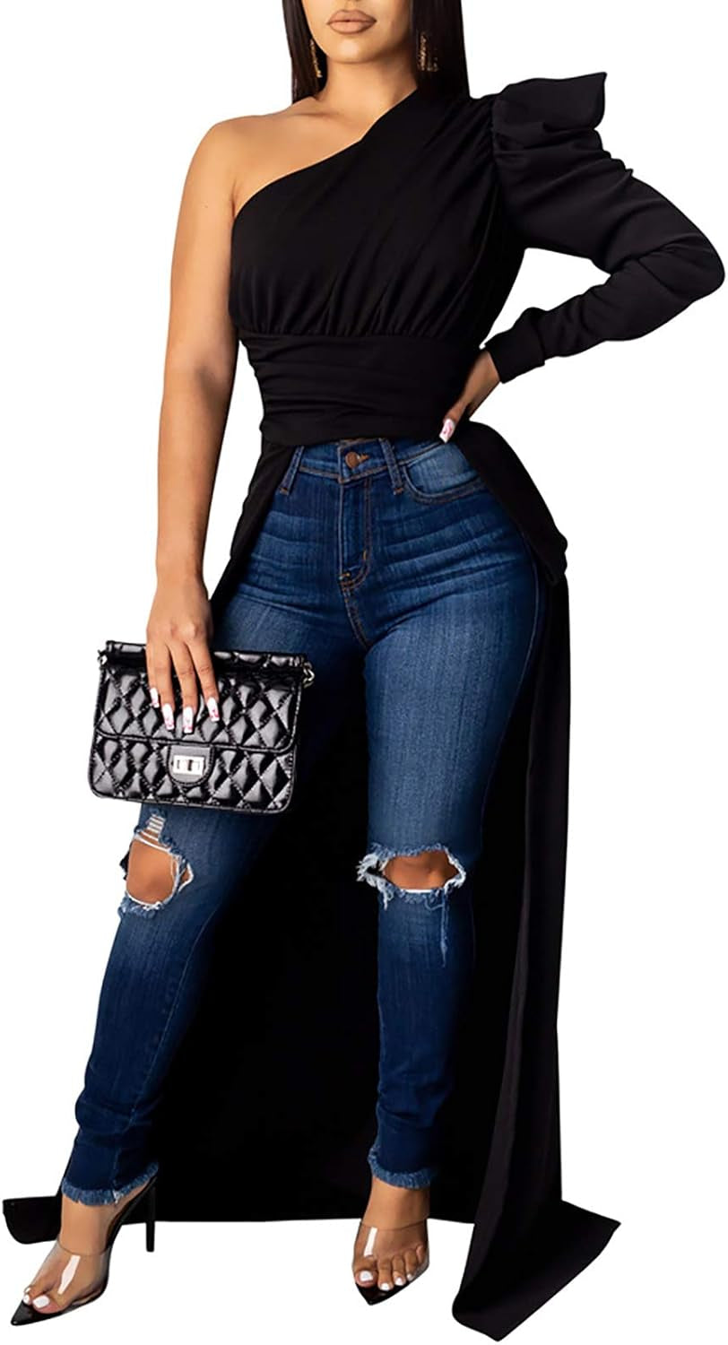 Women Sexy One Shoulder Long Puff Sleeve Bodycon High Low Asymmetrical Irregular Maxi Blouse Top Shirt Dress Black M
