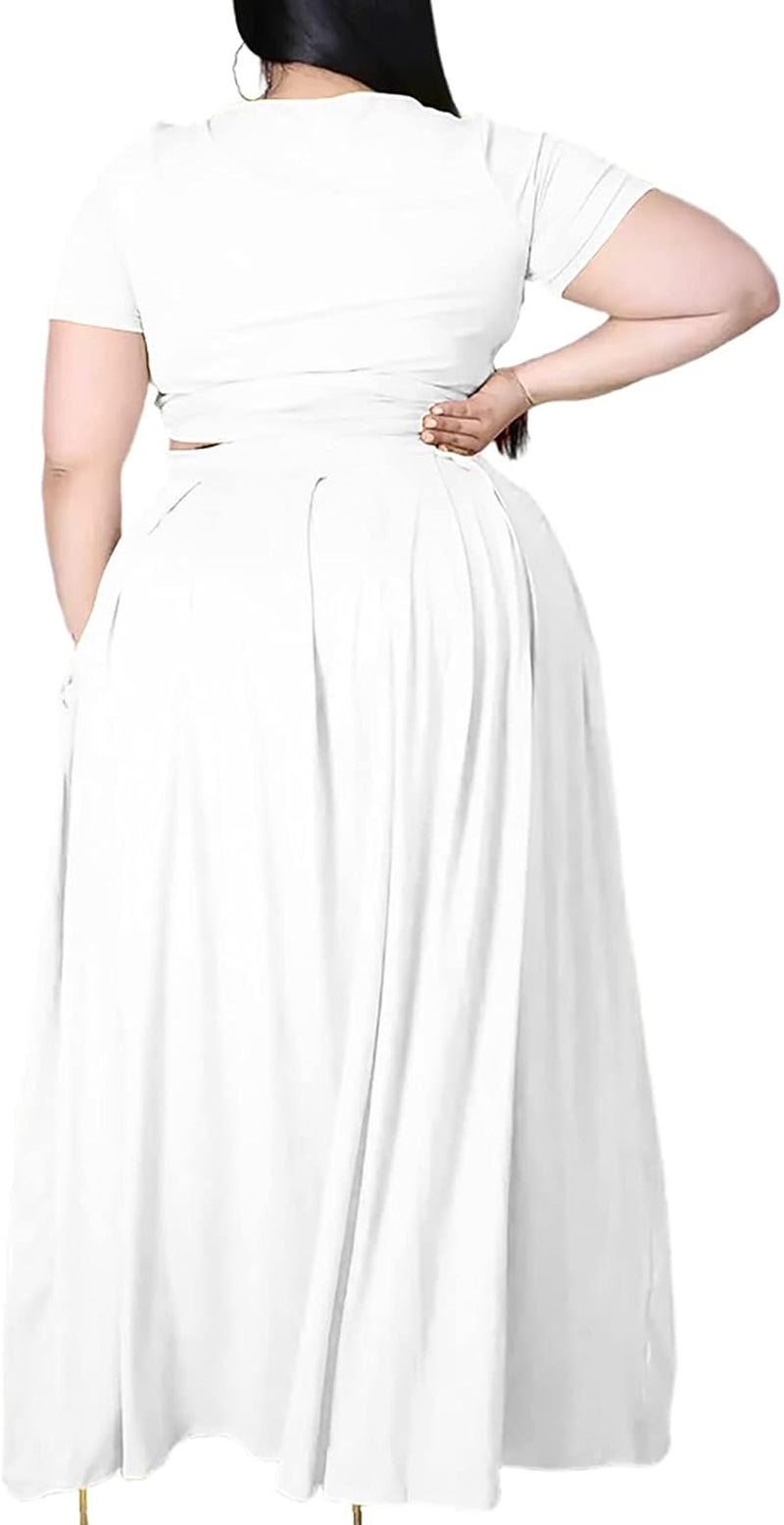 Women plus Size 2 Piece Dress Outfits - Sexy Short Sleeve Bandage Tie up Wrap Empire Crop Top + Bodycon Maxi Skirts Set White 4XL