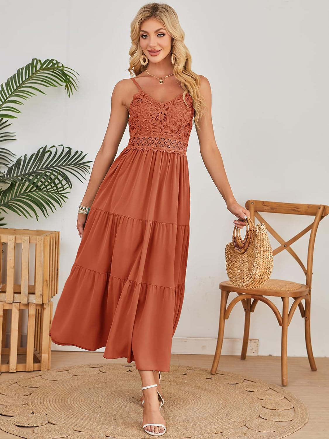 Women'S Beach Crochet Lace Maxi Dress Solid Color Summer Vacation Spaghetti Strap Long Dress 2026