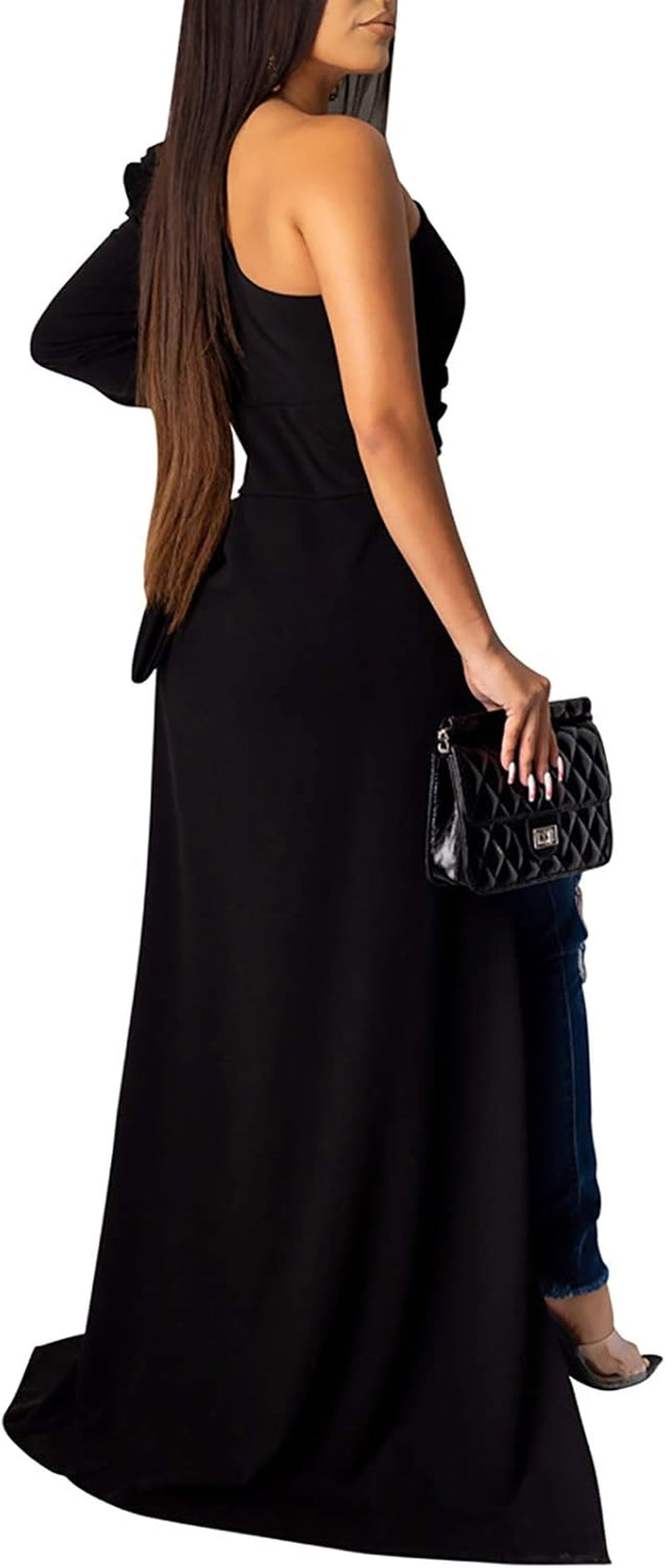 Women Sexy One Shoulder Long Puff Sleeve Bodycon High Low Asymmetrical Irregular Maxi Blouse Top Shirt Dress Black M