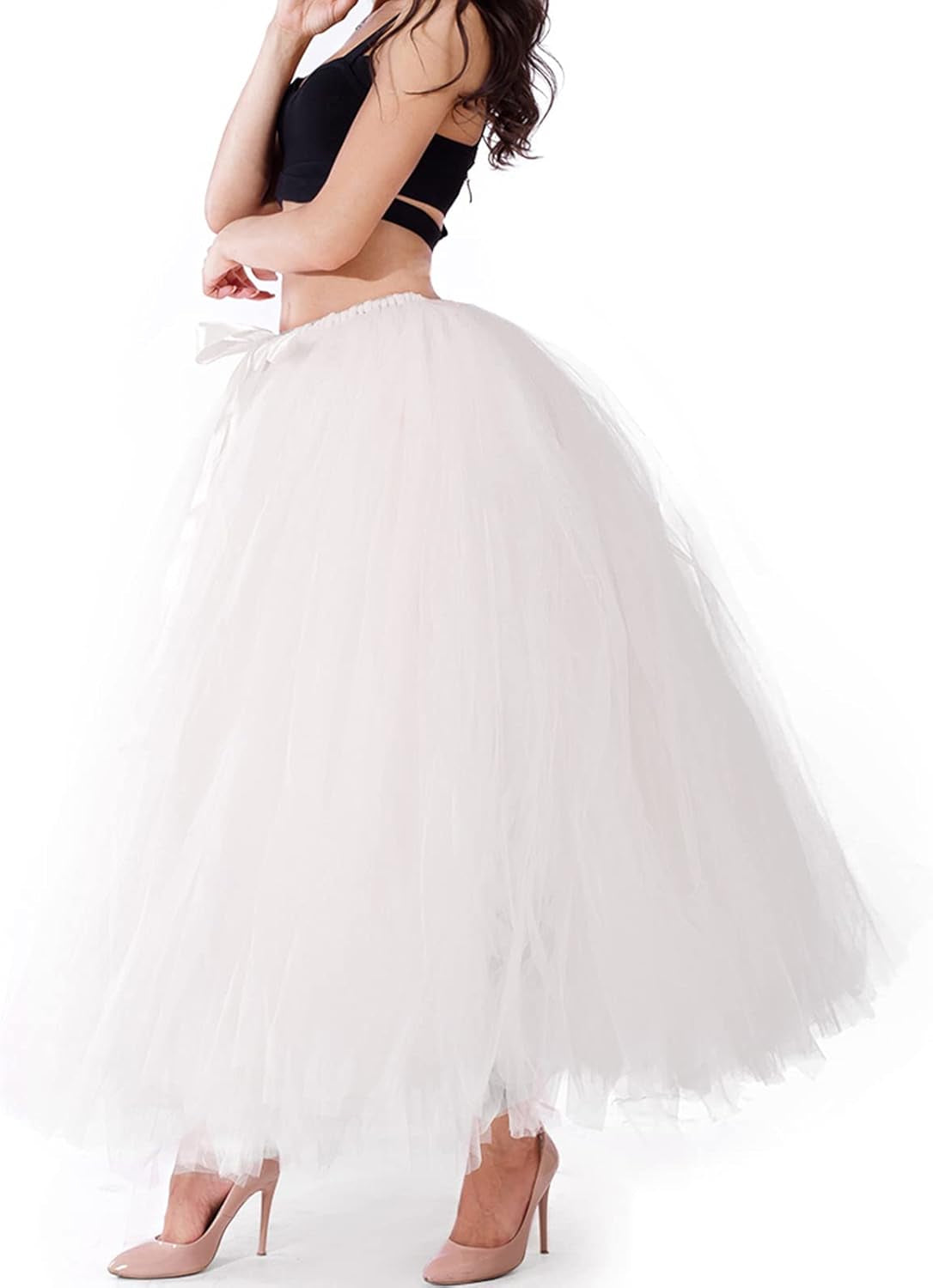 Women Floor Length Tulle Tutu Long Skirts High Tie Waist A-Line Fluffy Puff Maxi Half Dress Wedding Party Evening Dress