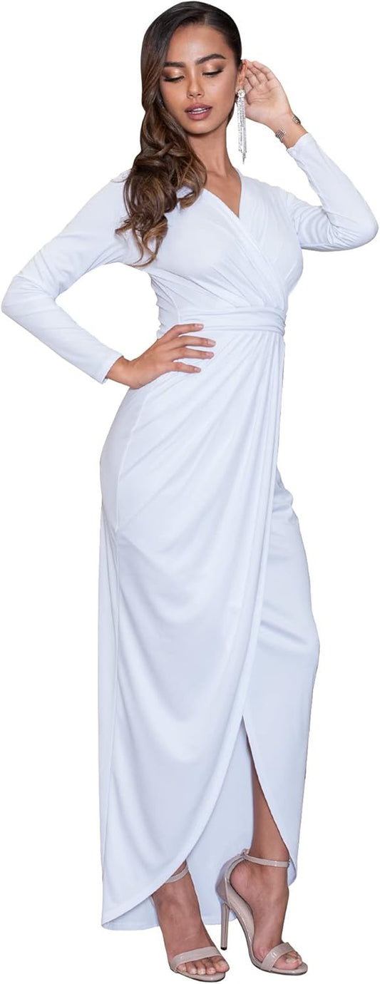 Womens 2025 Long Sleeve Formal Wrap Draped Cocktail V-Neck Gown Maxi Dress