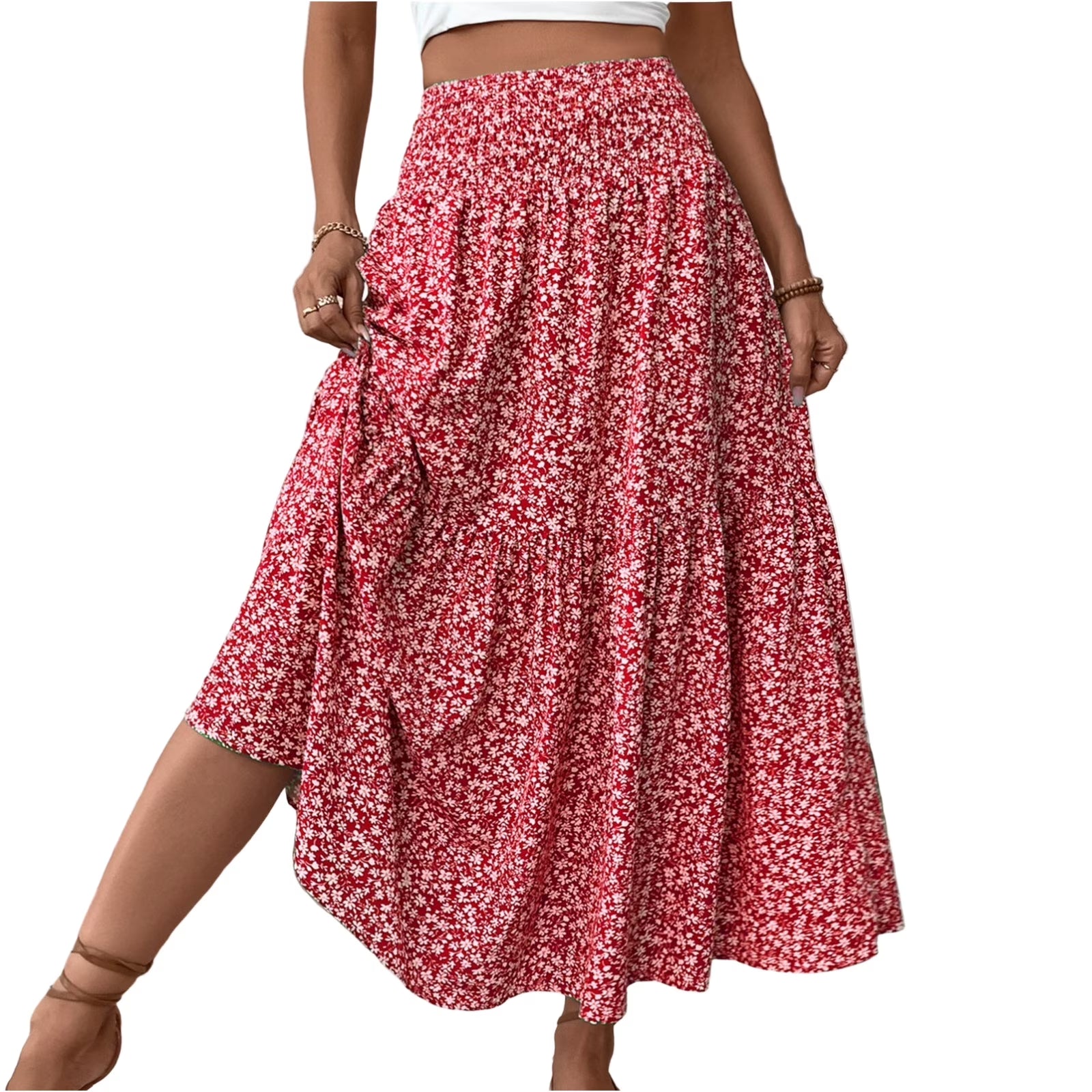 Women Floral Maxi Skirt Smocked High Waist Cotton Flowy Long Skirts Summer Boho Beach Hawaiian Vacation a Line Skirt Red S
