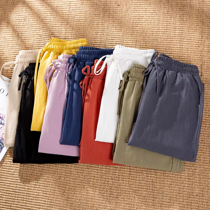 Womens Spring Summer Pants Cotton Linen Solid Elastic Waist Candy Colors Harem Trousers Casual Female Pants