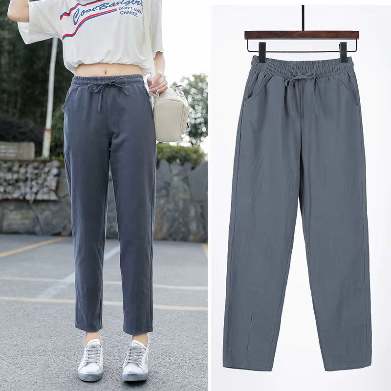 Womens Spring Summer Pants Cotton Linen Solid Elastic Waist Candy Colors Harem Trousers Casual Female Pants