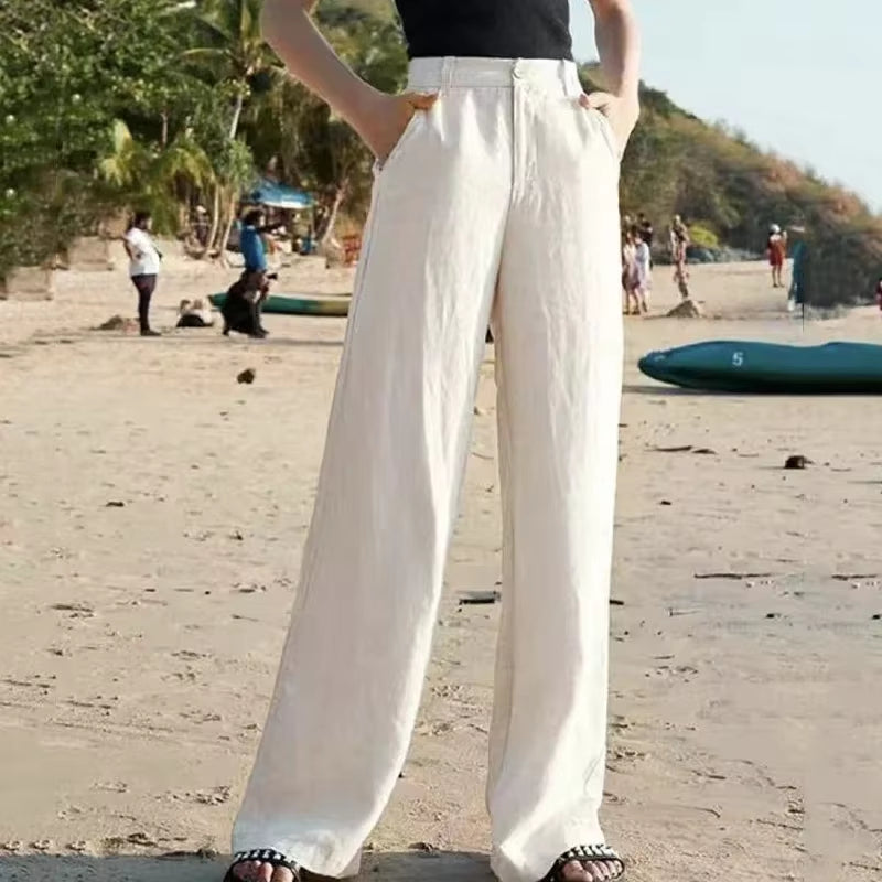 Summer Baggy Cotton Linen Pants Women Elegant High Waist White Wide Leg Pants Woman Casual Loose Straight Full Trousers Female