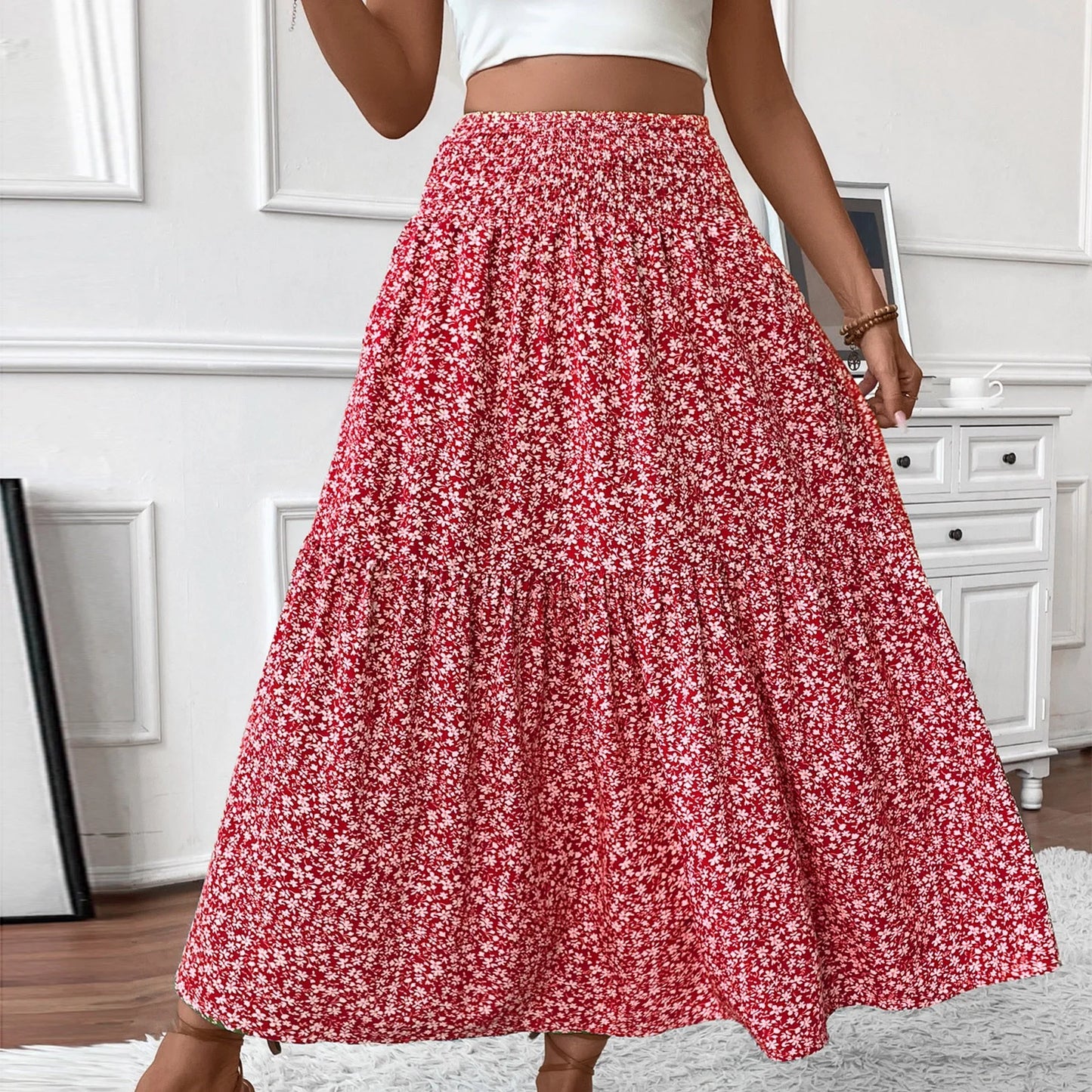 Women Floral Maxi Skirt Smocked High Waist Cotton Flowy Long Skirts Summer Boho Beach Hawaiian Vacation a Line Skirt Red S
