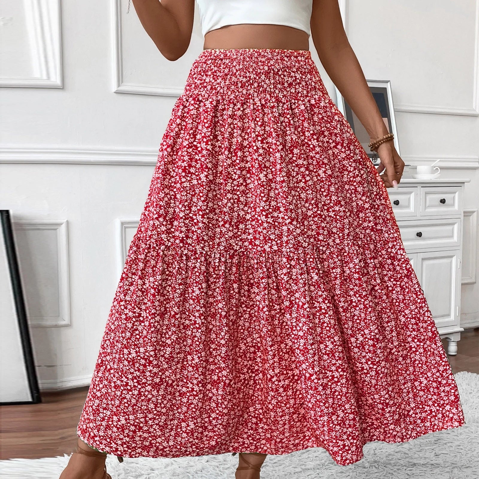 Women Floral Maxi Skirt Smocked High Waist Cotton Flowy Long Skirts Summer Boho Beach Hawaiian Vacation a Line Skirt Red S
