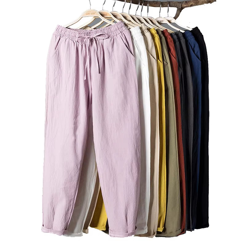 Womens Spring Summer Pants Cotton Linen Solid Elastic Waist Candy Colors Harem Trousers Casual Female Pants