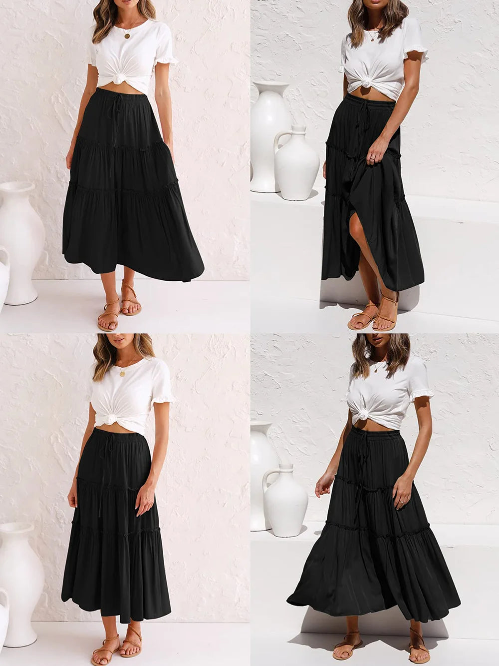 High Waist Midi Skirt for Women A-Line Pleated Skirts with Pockets Flowy Dresses