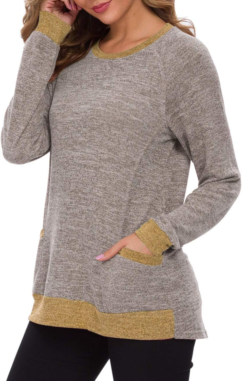 Womens Long Sleeve Tunic Tops Casual Loose Fit Sweatshirts round Neck Pullover Blouse Sweatshirts with Pocket
