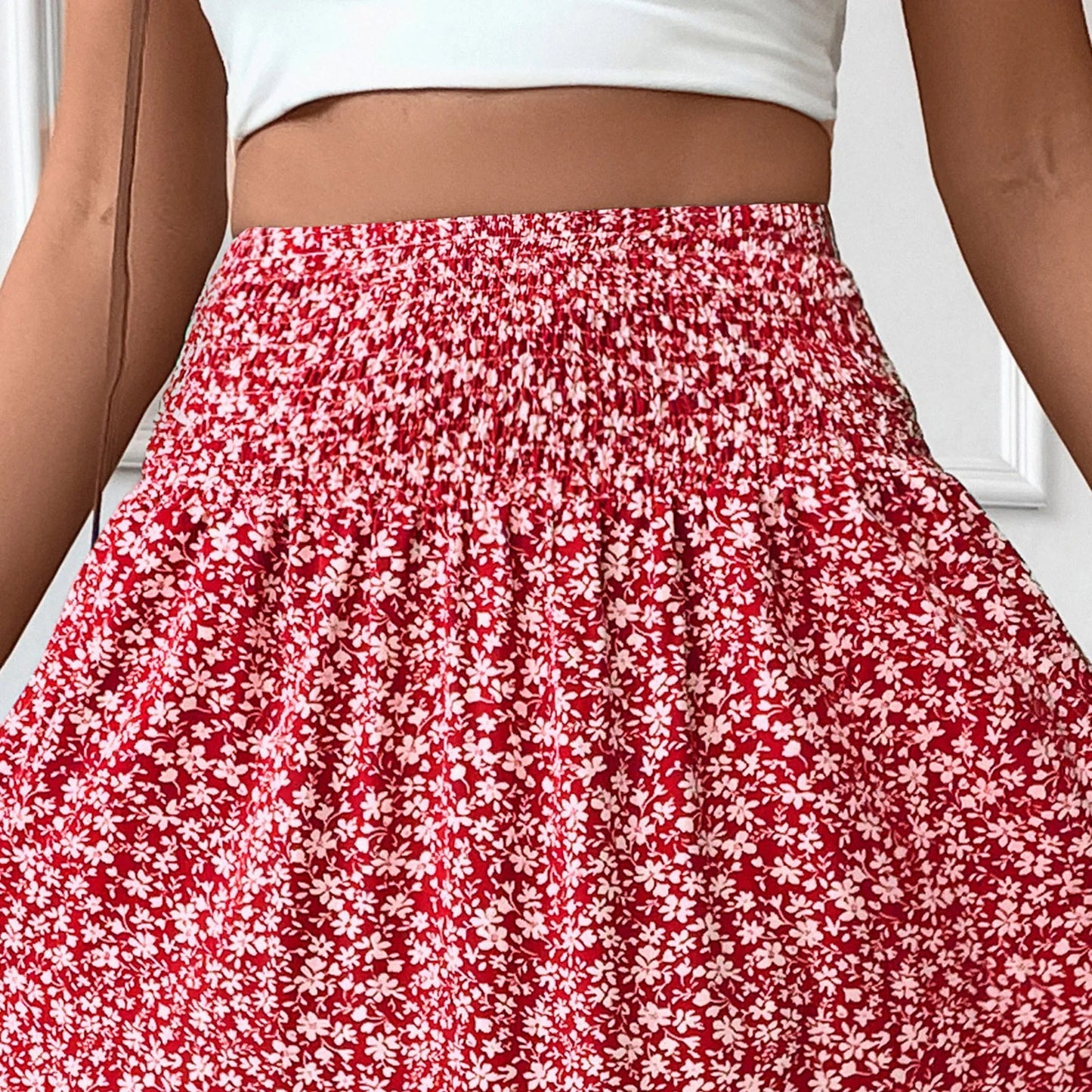 Women Floral Maxi Skirt Smocked High Waist Cotton Flowy Long Skirts Summer Boho Beach Hawaiian Vacation a Line Skirt Red S
