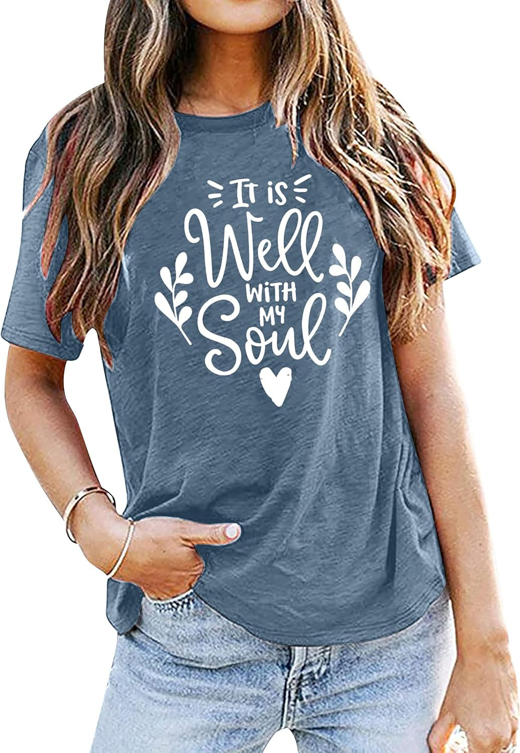 It Is Well with My Soul Christian T Shirt Women Casual Letter Print Shirts Short Sleeve Inspirational Tops Tee