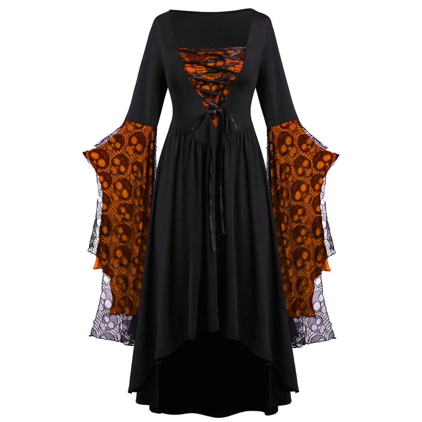 Womens Gothic Dress plus Size Flare Sleeve Dress Skull Lace Print Steampunk Dresses Cocktail Dresses Flowy Goth Corset Dress Maxi Wedding Guest Dresses Summer Savings