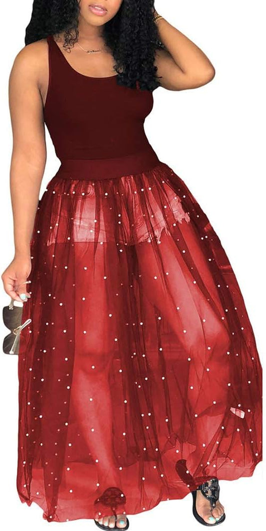 Women Strap Tunic Bodycon Bodysuits Mesh Sheer Flowy Swing Maxi Dress Small Red-M