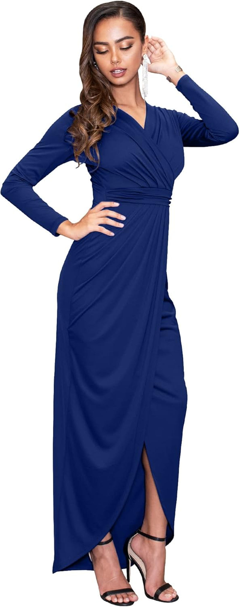 Womens 2025 Long Sleeve Formal Wrap Draped Cocktail V-Neck Gown Maxi Dress
